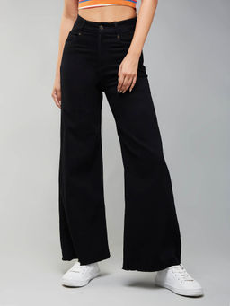 DOLCE CRUDO - Black High Rise Clean Look Regular-Length Stretchable Wide Leg Denim Jeans