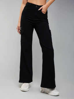 DOLCE CRUDO - Black Wide Leg High Rise Clean Look Patch Pocketed Regular Stretchable Denim Jeans