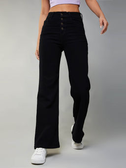 DOLCE CRUDO - Black Wide Leg High Rise Clean Look Regular Stretchable Denim Jeans