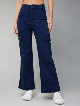 DOLCE CRUDO - Navy Blue Wide-Leg High-Rise Clean-Look Stretchable Denim Cargo Jeans