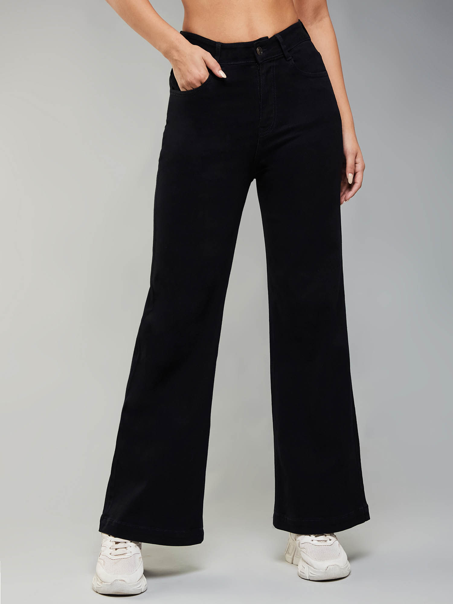 dolce crudo Black Wide Leg High Rise Clean Look Stretchable Denim Jeans-picture-11