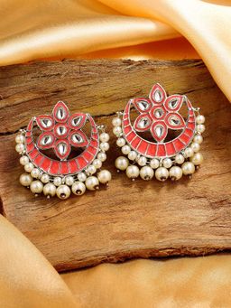 Estele - Rhodium Plated Charming Kundan Earrings with Pearl & Pink Enamel for Women