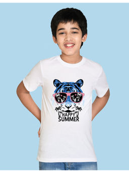 Nusyl - Boys White Tiger Face and Happy Summer Printed T-Shirt