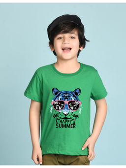 Nusyl - Boys Green Tiger Face and Happy Summer Printed T-Shirt