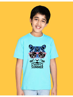 Nusyl - Boys Sky Blue Tiger Face and Happy Summer Printed T-Shirt
