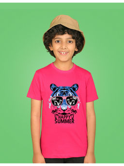 Nusyl - Boys Hot Pink Tiger Face and Happy Summer Printed T-Shirt