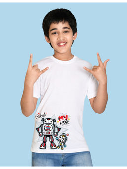 Nusyl - Boys White Father Son Robot Cartoon Printed T-Shirt