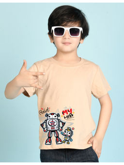 Nusyl - Boys Beige Father Son Robot Cartoon Printed T-Shirt