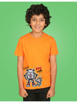 Nusyl - Boys Orange Father Son Robot Cartoon Printed T-Shirt