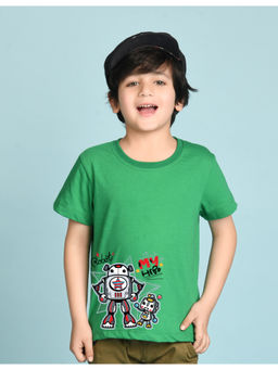 Nusyl - Boys Green Father Son Robot Cartoon Printed T-Shirt