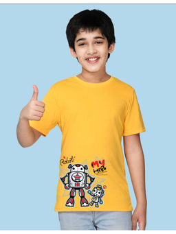 Nusyl - Boys Yellow Father Son Robot Cartoon Printed T-Shirt