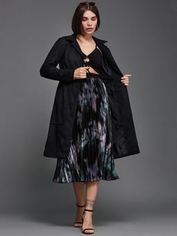 Miss Chase - Women's Black Shirt Collar Patched Pocketed Button Down Longline Jacket