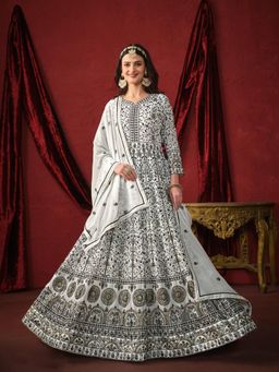 Odette - White Faux Georgette Embroidery Unstitched Gown and Inner with Dupatta For Women (Set of 3)