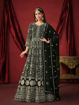 Odette - Black Faux Georgette Embroidery Unstitched Gown and Inner with Dupatta For Women (Set of 3)