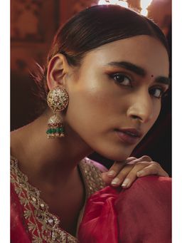 KARISA DESIGNS - Green Phool Kundan Pearls and Beads Jhumkas