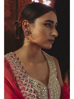 KARISA DESIGNS - Green Surya Kundan Pearls and Beads Jhumkas