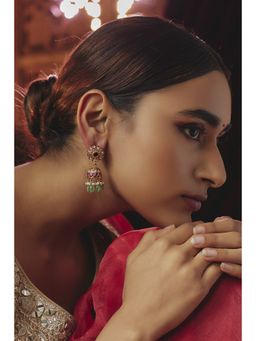 KARISA DESIGNS - Green Sia Kundan Pearls and Beads Jhumkas