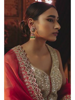 KARISA DESIGNS - Green Apsara Kundan Pearls and Beads Jhumkas