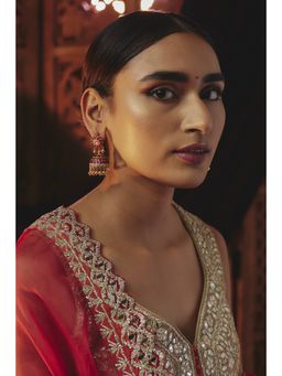 KARISA DESIGNS - Red Loka Kundan Beads Jhumkas