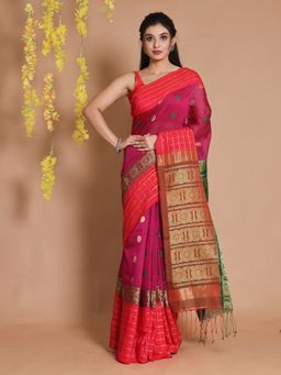 CHARUKRITI - Magenta Cotton Geometric Patterns & Ethnic Designs Handwoven Saree with Unstitched Blouse