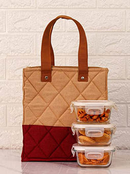 Femora - Borosilicate Glass Microwave Safe Container Lunch Box, 3 Container with Bag