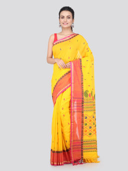 PinkLoom - Womens Cotton Saree with Unstitched Blouse-Yellow