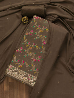 Koskii - Brown Printed Brocade Unstitched Salwar Suit (Set of 3) (Set of Three)