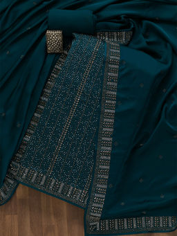 Koskii - Peacock Blue Swarovski Semi Crepe Unstitched Salwar Suit (Set of 3) (Set of Three)