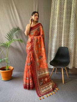 EXCLUSIVA - Orange Kalamkari Print Cotton Saree with Unstitched Blouse