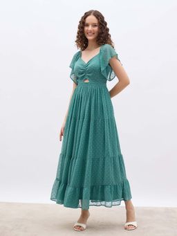 Styli - Women Teal Ruffle Sleeve Tired Maxi Dress