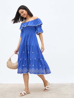 Styli - Women Blue Off-Shoulder A-Line Half Sleeves EmHalfished Midi Dress