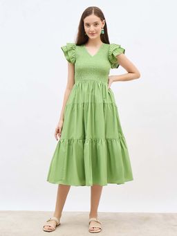 Styli - Women Green V-Neck A-Line Flutter Sleeves Self Design Midi Dress