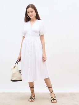 Styli - Women White V-Neck A-Line Puff Sleeves Solid Midi Dress