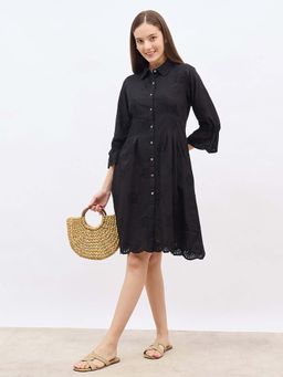 Styli - Women Black Fit & Flare Bell Sleeves Self Design Knee Length Dress
