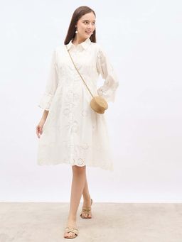 Styli - Women White Fit & Flare Bell Sleeves Self Design Knee Length Dress