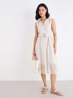Styli - Women Off White V-Neck Fit & Flared Sleeves Self Design Midi Dress