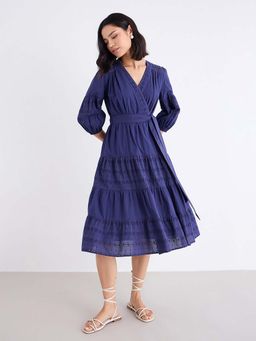 Styli - Women Navy Blue Wrap Three Fourth Sleeve Schiffili Midi Length