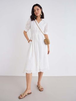 Styli - Women White Self Design V-Neck Puff Sleeves A-Line Dress
