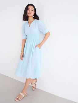 Styli - Women Blue Self Design V-Neck Puff Sleeves A-Line Dress