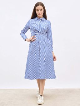 Styli - Women Blue Long Sleeves Shirt Midi Length Dress