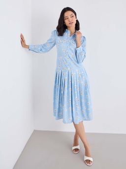Styli - Women Blue Long Sleeves A-Line Pleated Midi Length Dress
