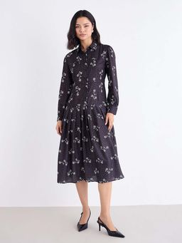 Styli - Women Black Long Sleeves A-Line Pleated Midi Length Dress