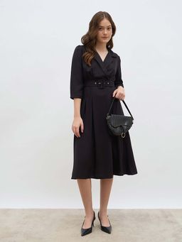 Styli - Women Black Elbow Sleeves A-Line Wrap Midi Length Dress with Belt