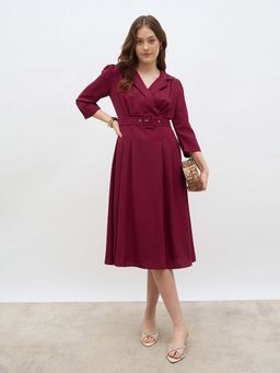 Styli - Women Burgundy Elbow Sleeves A-Line Midi Length Dress with Belt