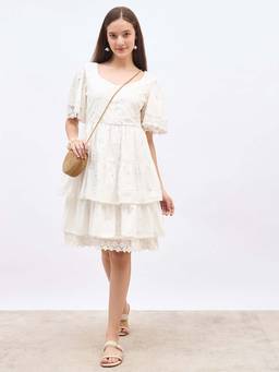 Styli - Women White Self Design Sweetheart Neck Flared Sleeves A-Line Dress