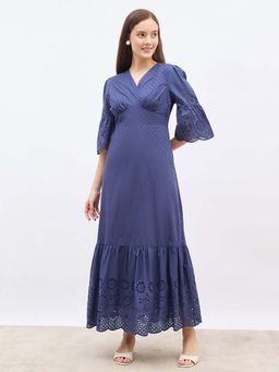 Styli - Women Blue V-Neck Three Fourth Sleeves Tiered Maxi Dress