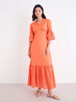 Styli - Women Orange V-Neck Three Fourth Sleeves Tiered Maxi Dress