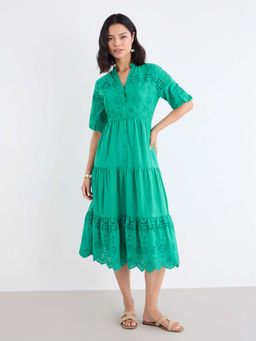 Styli - Women Green Self Design Mandarin Neck Puff Sleeves A-Line Dress