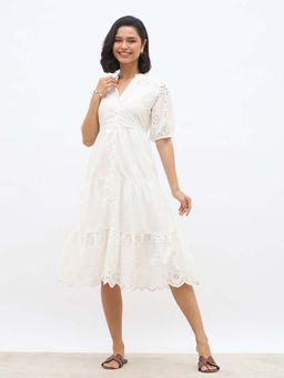 Styli - Women White Schiffli Short Sleeves Tiered Midi Length Dress