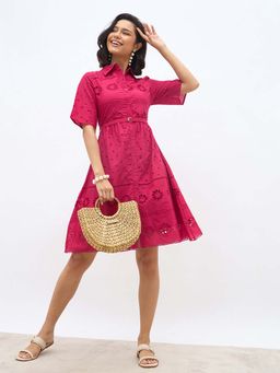 Styli - Women Pink Self Design Shirt Collar Regular Sleeves Shirt Dress